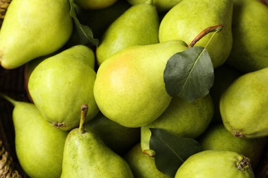 Photo of Many fresh ripe pears as background, top view