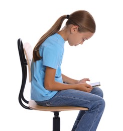 Photo of Girl with incorrect posture and smartphone sitting on chair against white background