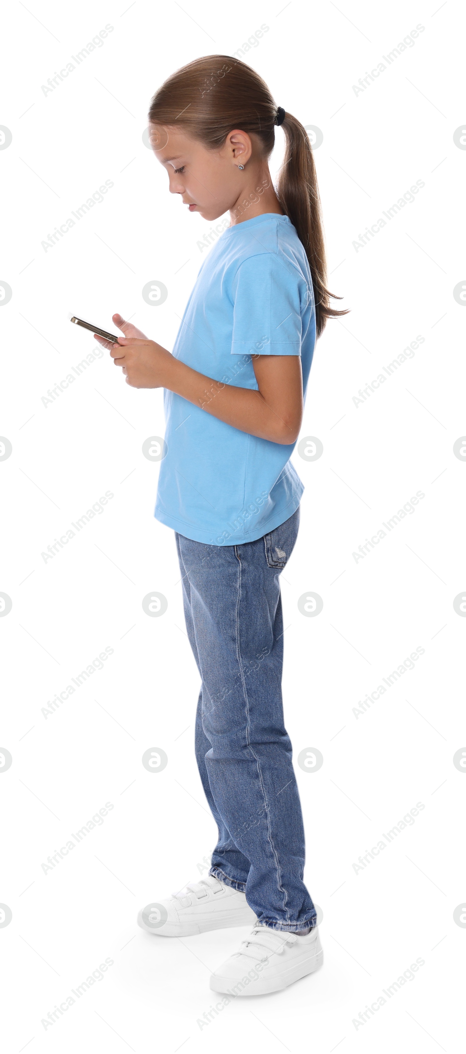 Photo of Girl with correct posture using smartphone on white background