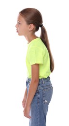 Girl with incorrect posture standing on white background