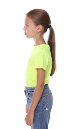 Girl with correct posture standing on white background