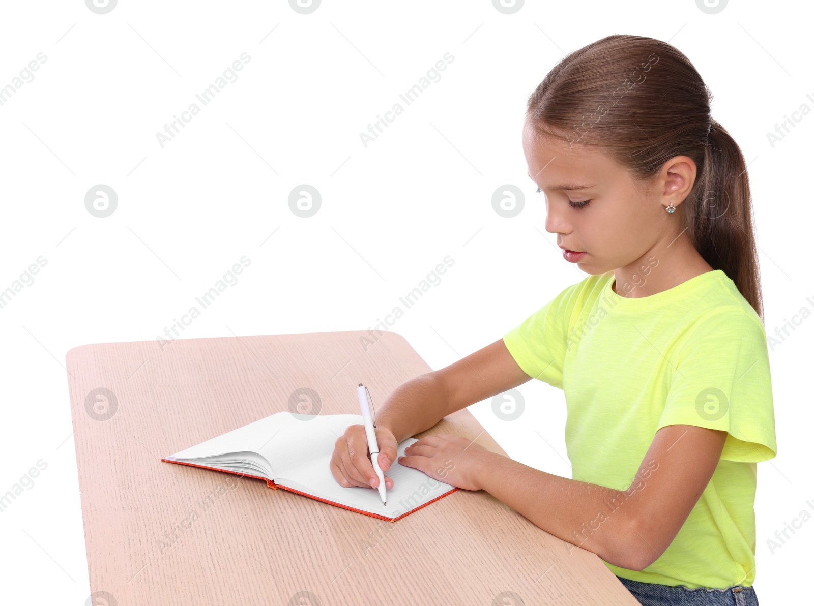 Photo of Girl with correct posture and notebook sitting at wooden desk on white background