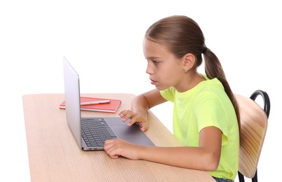 Photo of Girl with incorrect posture using laptop at wooden desk on white background