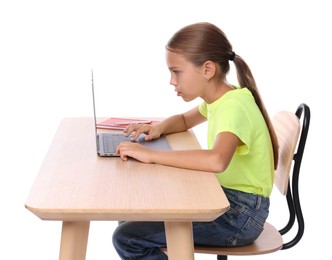 Girl with incorrect posture using laptop at wooden desk on white background