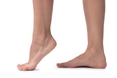 Photo of Woman with smooth feet on white background, closeup