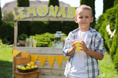 Cute little boy with refreshing drink near lemonade stand in park