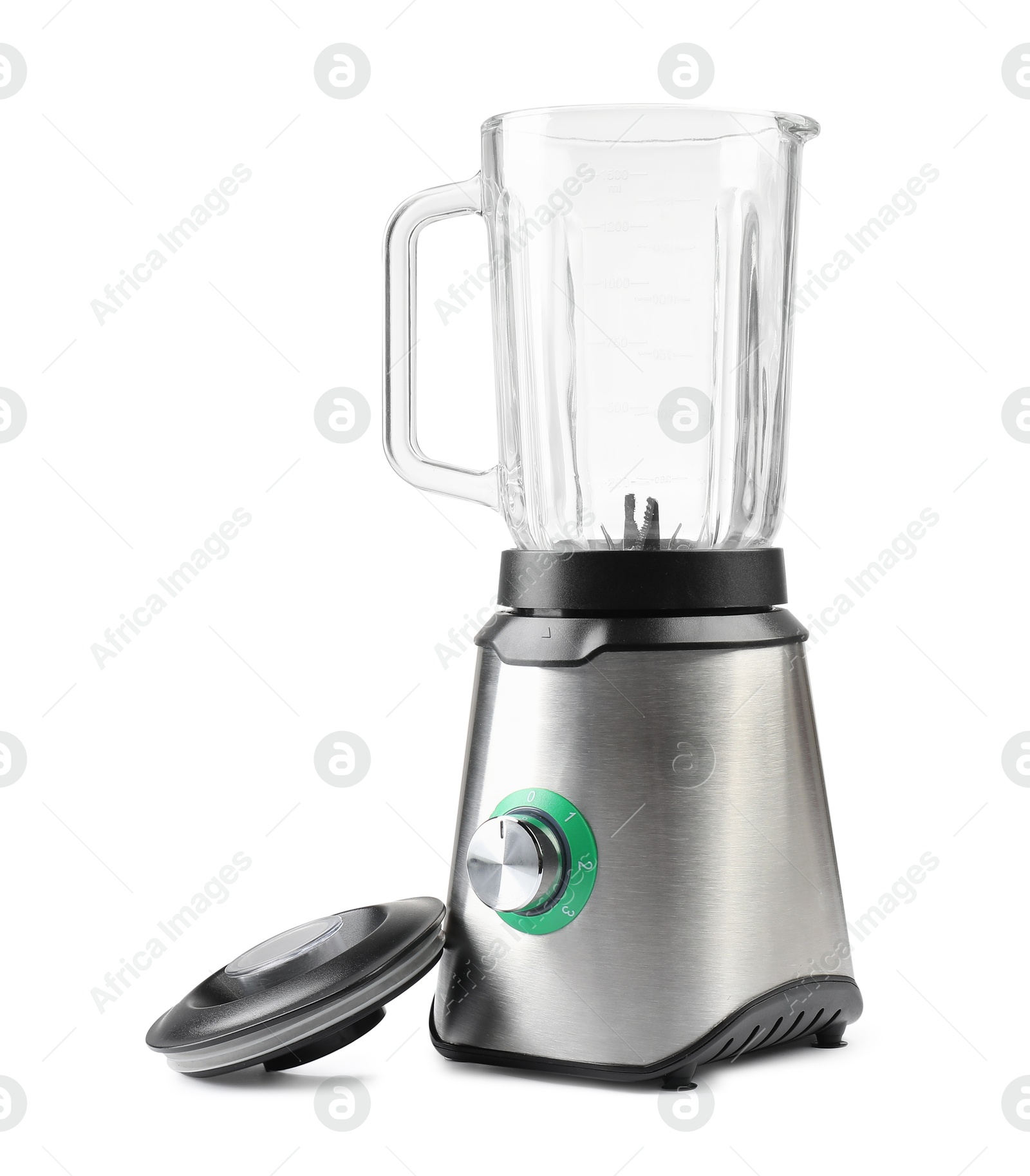 Photo of Modern blender and lid isolated on white. Kitchen appliance