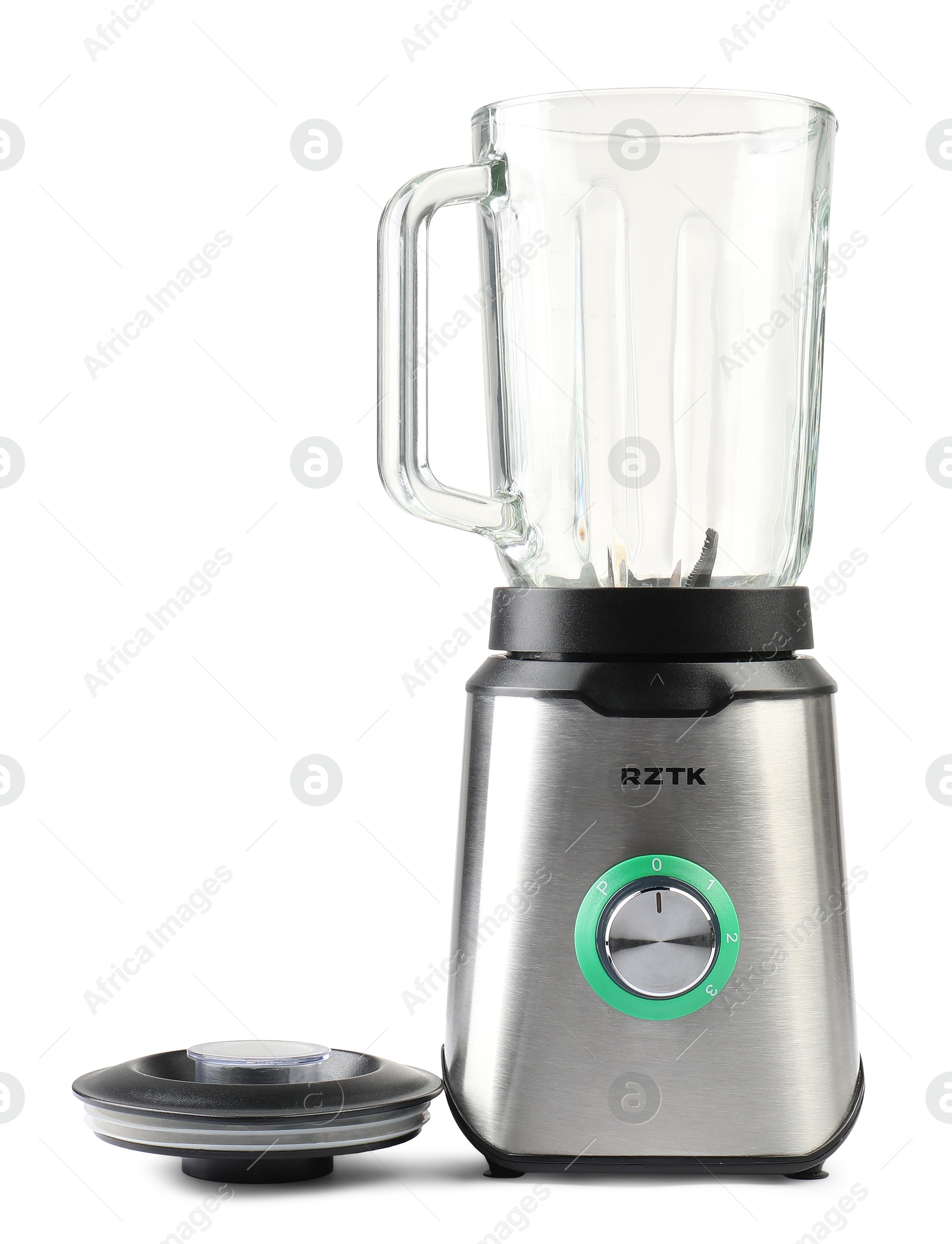 Photo of Modern blender and lid isolated on white. Kitchen appliance