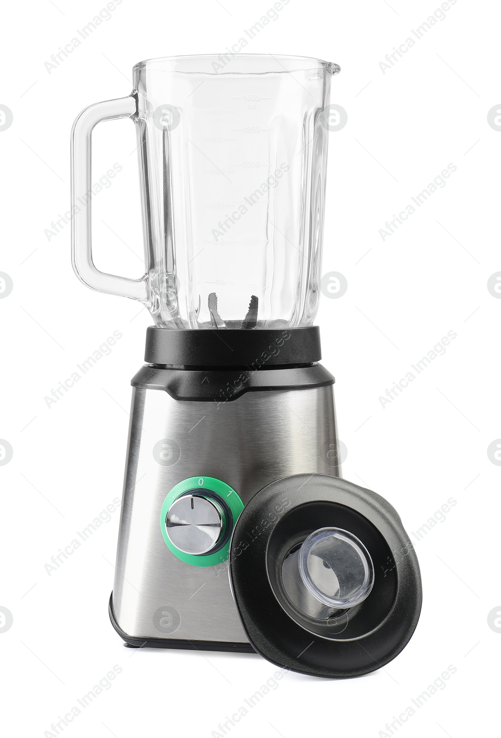 Photo of Modern blender and lid isolated on white. Kitchen appliance