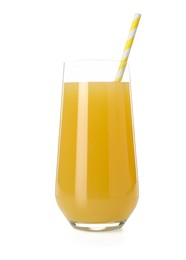 Photo of Glass with pineapple juice and straw isolated on white