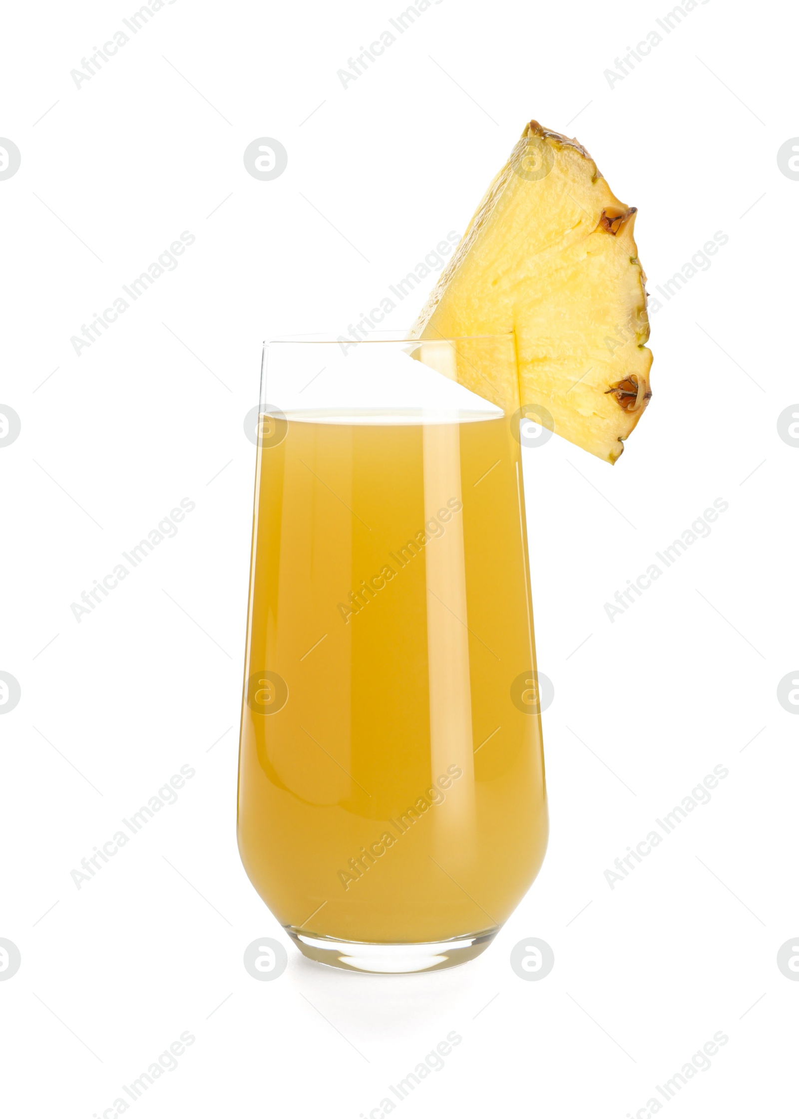 Photo of Glass with pineapple juice and piece of fresh fruit isolated on white