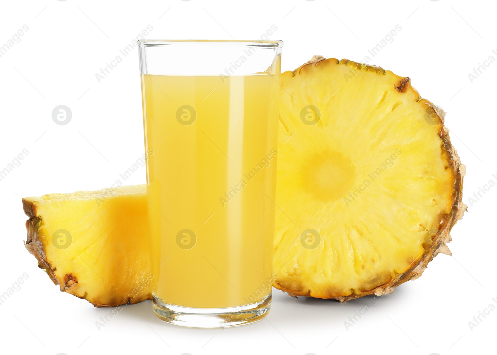 Photo of Glass with pineapple juice and pieces of fresh fruit isolated on white