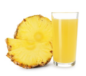 Photo of Glass with pineapple juice and pieces of fresh fruit isolated on white