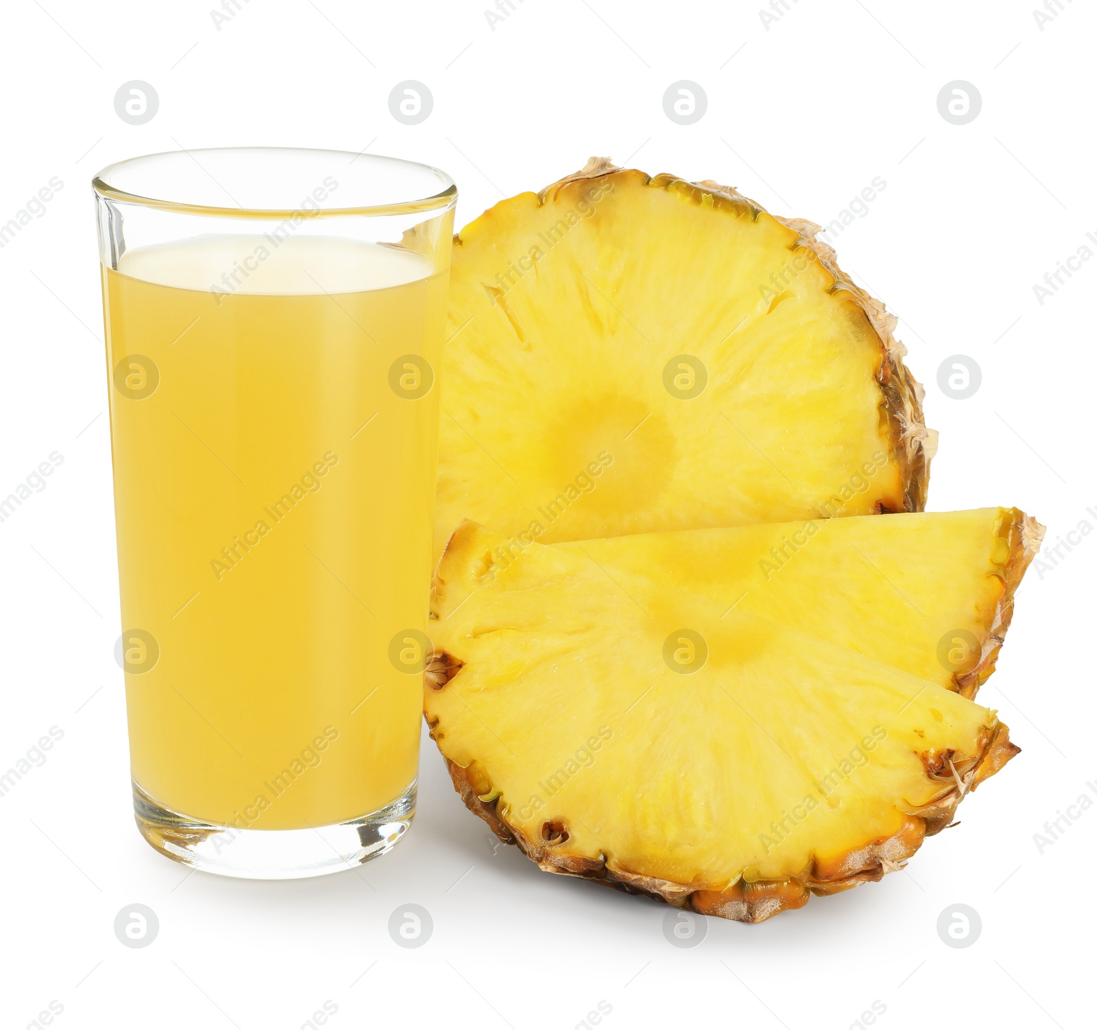 Photo of Glass with pineapple juice and pieces of fresh fruit isolated on white