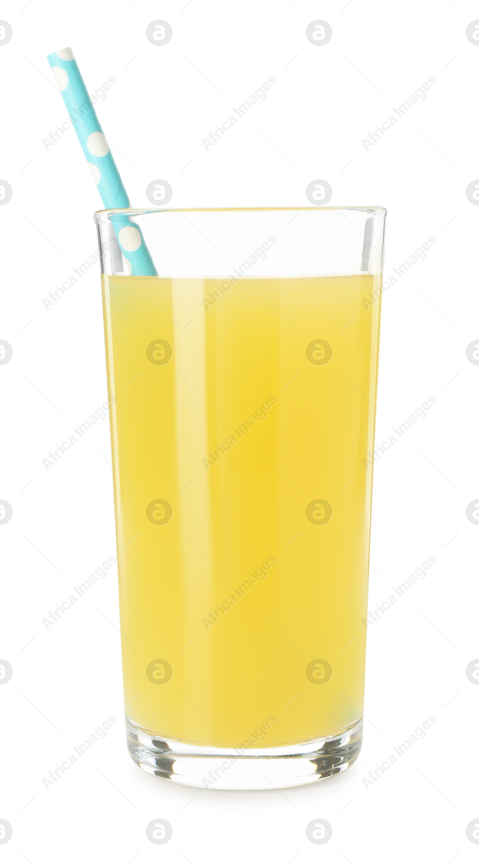 Photo of Glass with pineapple juice and straw isolated on white