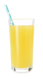 Photo of Glass with pineapple juice and straw isolated on white