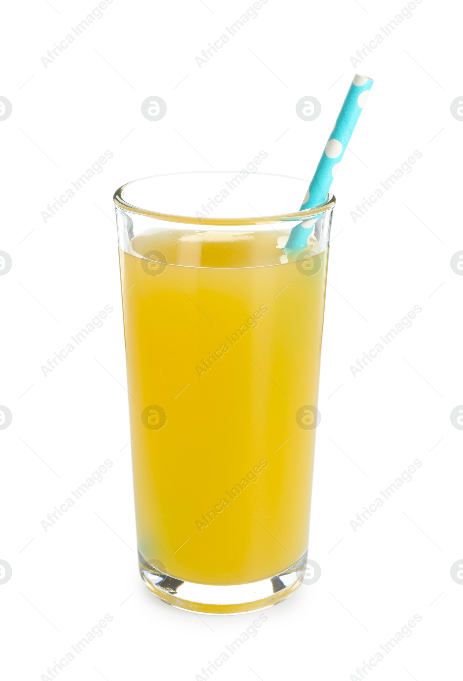 Photo of Glass with pineapple juice and straw isolated on white