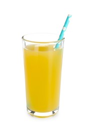 Photo of Glass with pineapple juice and straw isolated on white