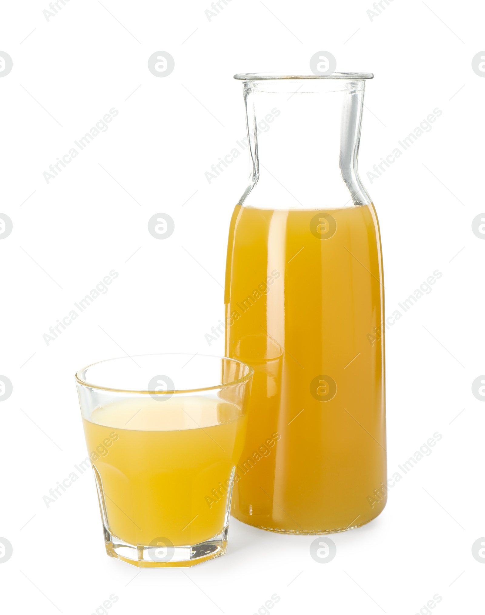 Photo of Glass and jug with tasty pineapple juice isolated on white