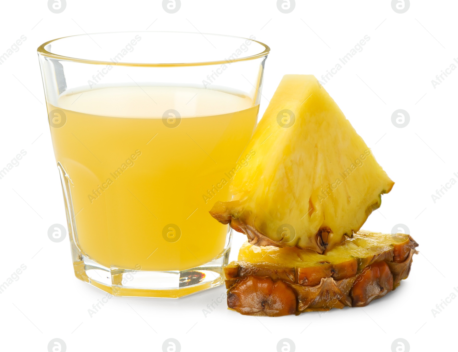 Photo of Glass with pineapple juice and pieces of fresh fruit isolated on white