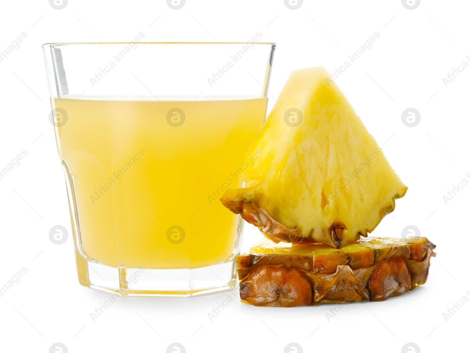 Photo of Glass with pineapple juice and pieces of fresh fruit isolated on white