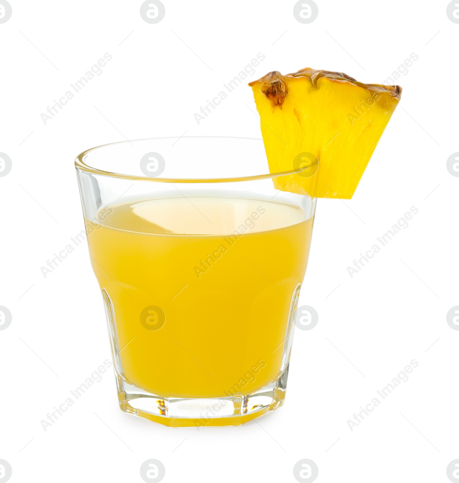 Photo of Glass with pineapple juice and piece of fresh fruit isolated on white