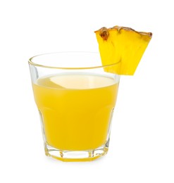 Photo of Glass with pineapple juice and piece of fresh fruit isolated on white