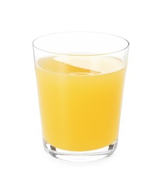 Photo of Glass with tasty pineapple juice isolated on white