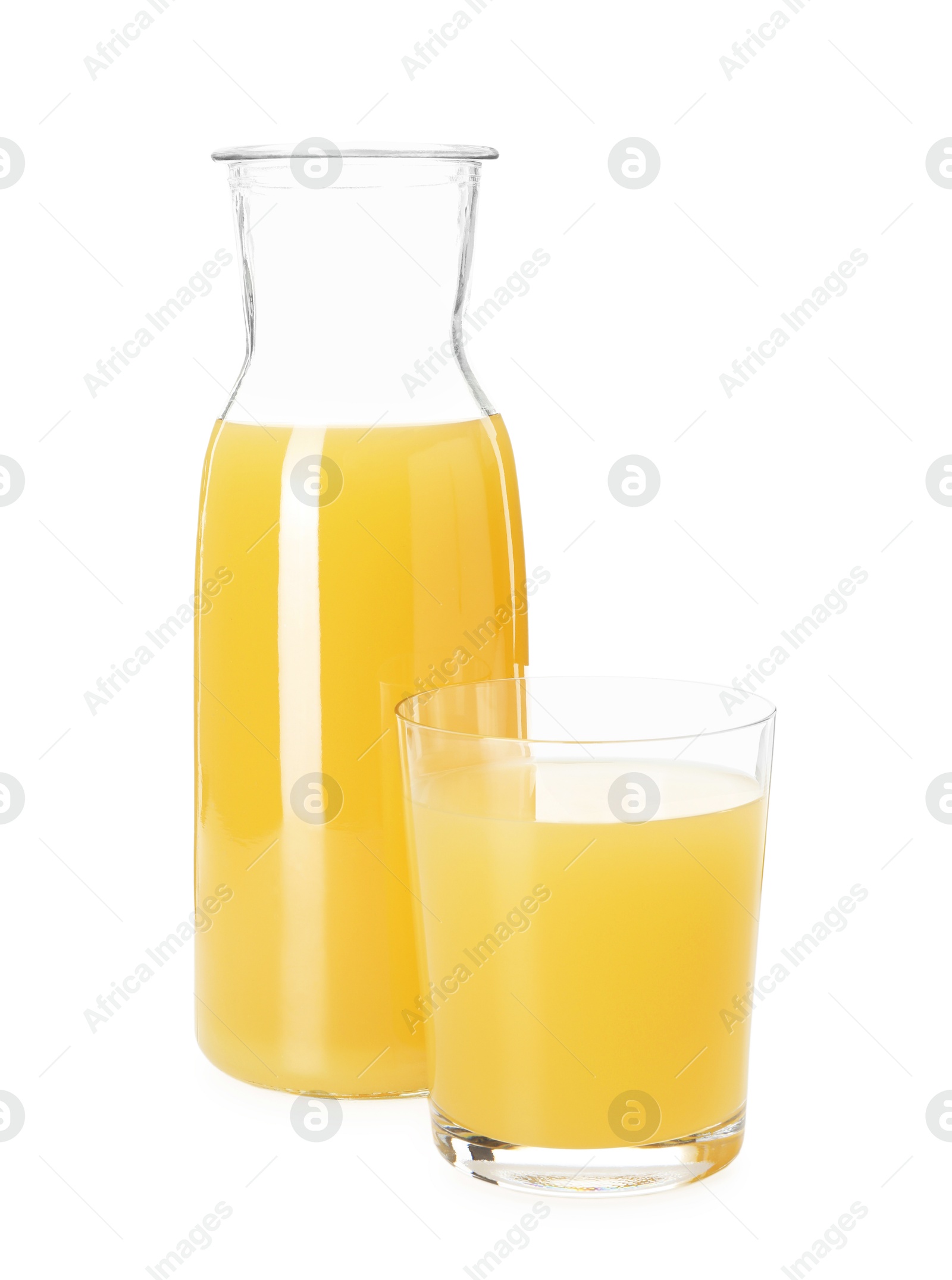 Photo of Glass and jug with tasty pineapple juice isolated on white