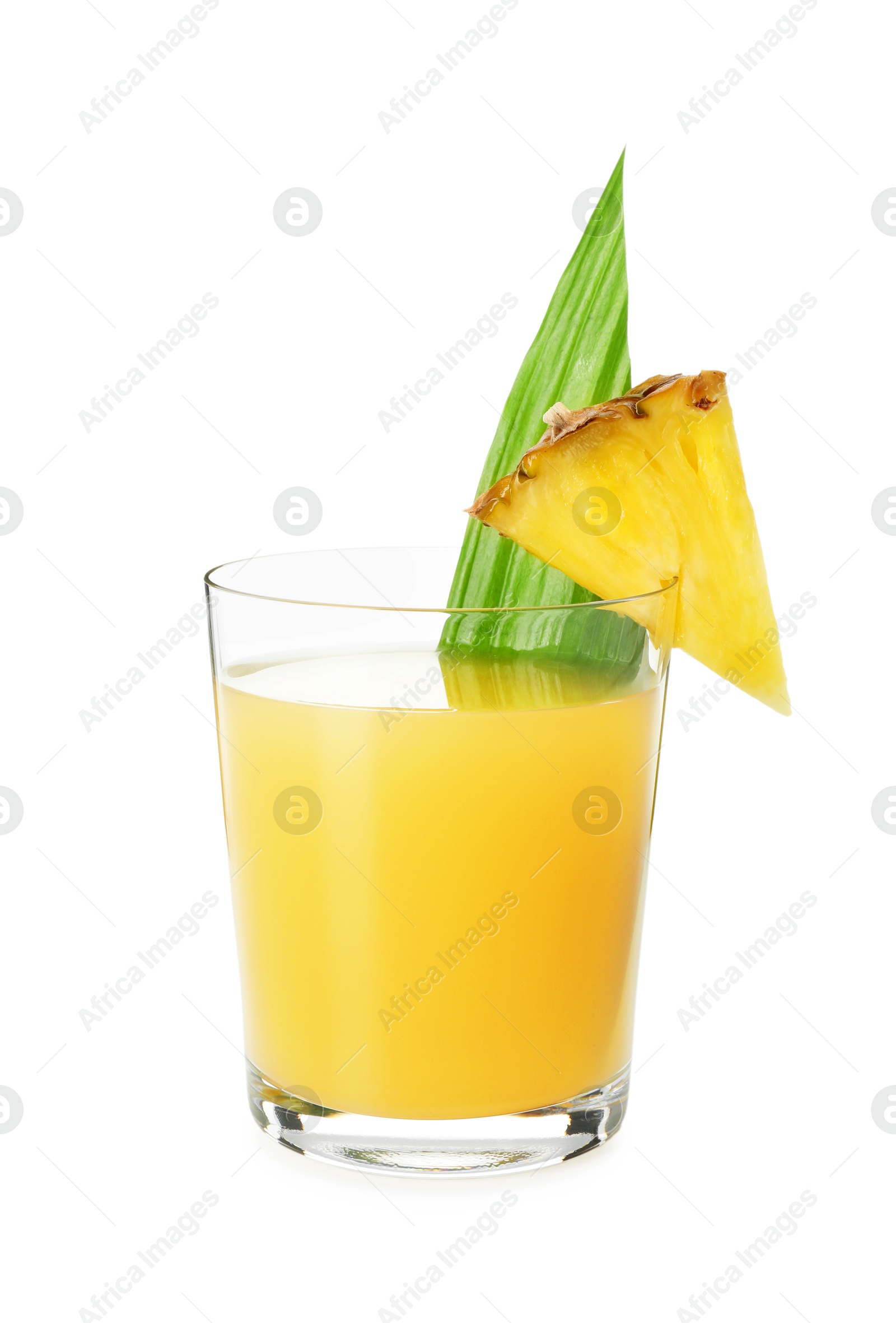 Photo of Glass with pineapple juice, leaf and piece of fresh fruit isolated on white