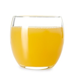 Photo of Glass with tasty pineapple juice isolated on white