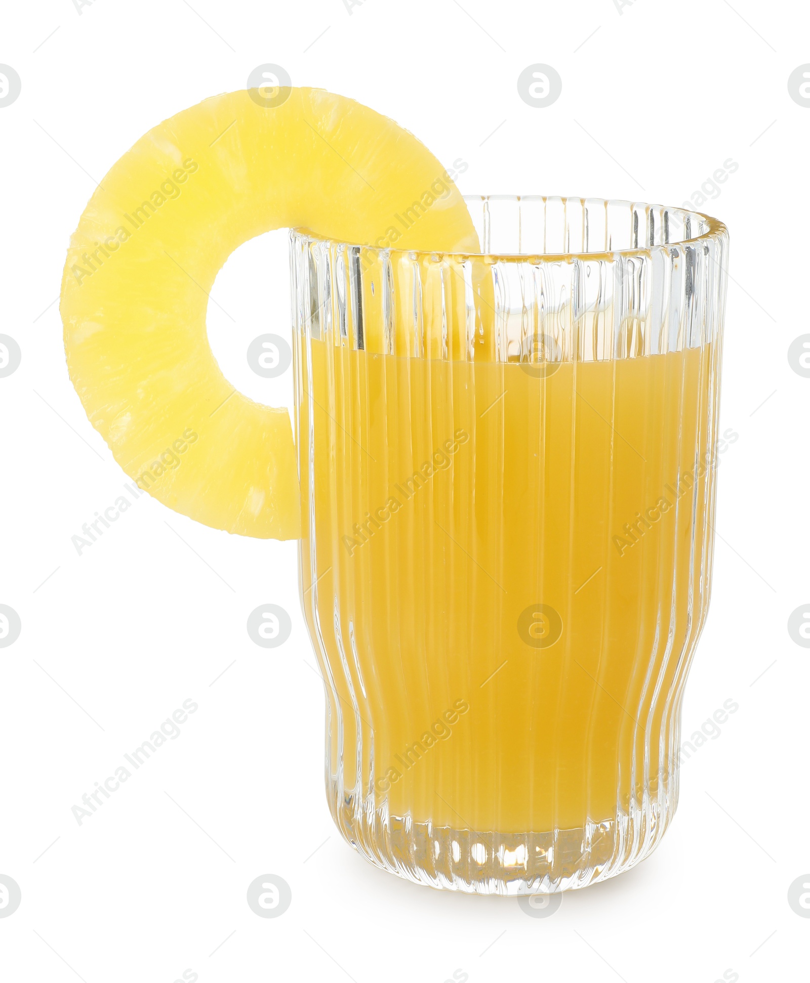 Photo of Glass with pineapple juice and piece of fresh fruit isolated on white