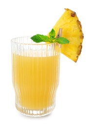 Photo of Glass with pineapple juice and piece of fresh fruit isolated on white