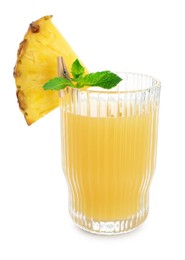 Photo of Glass with pineapple juice and piece of fresh fruit isolated on white