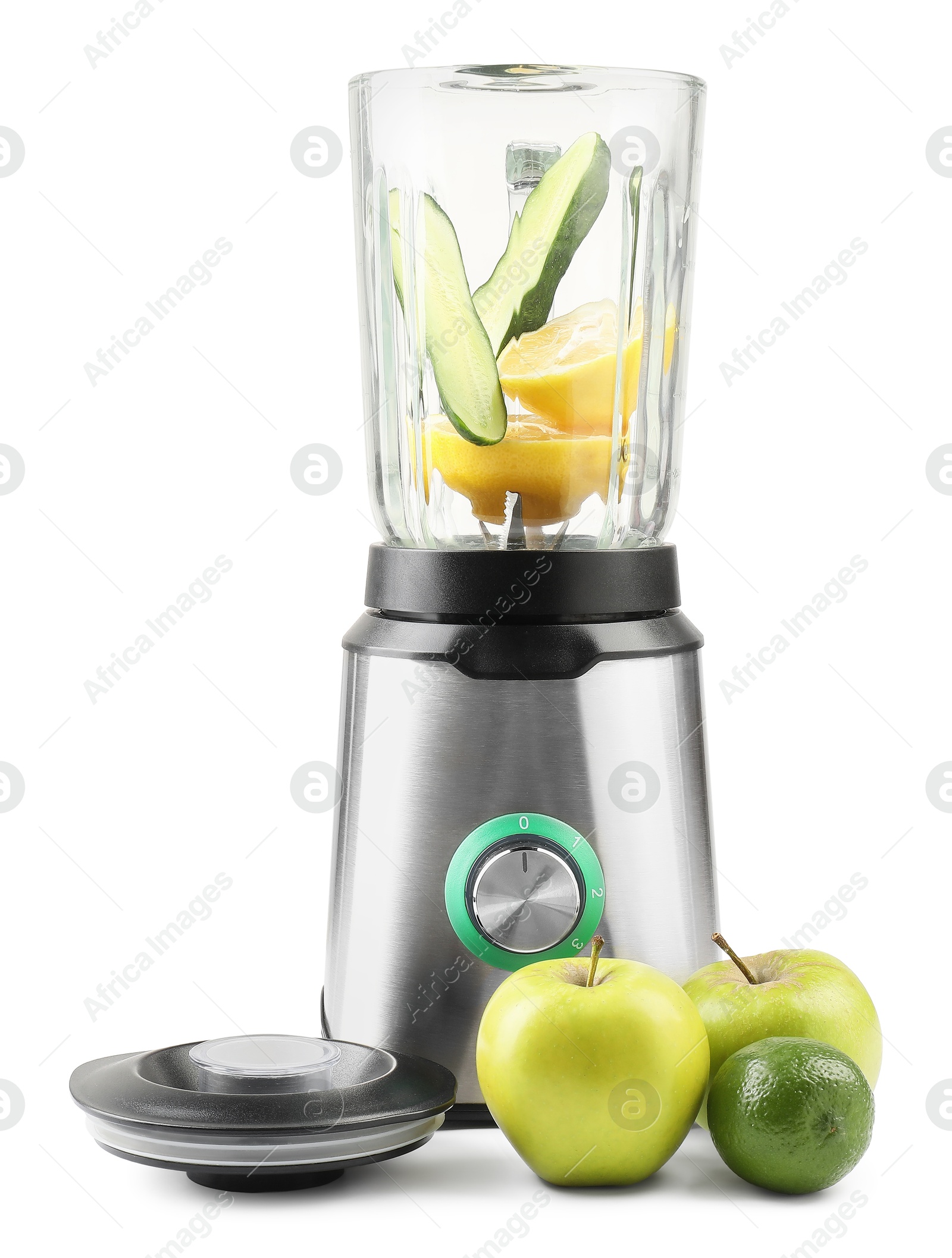 Photo of Modern blender and fresh products isolated on white