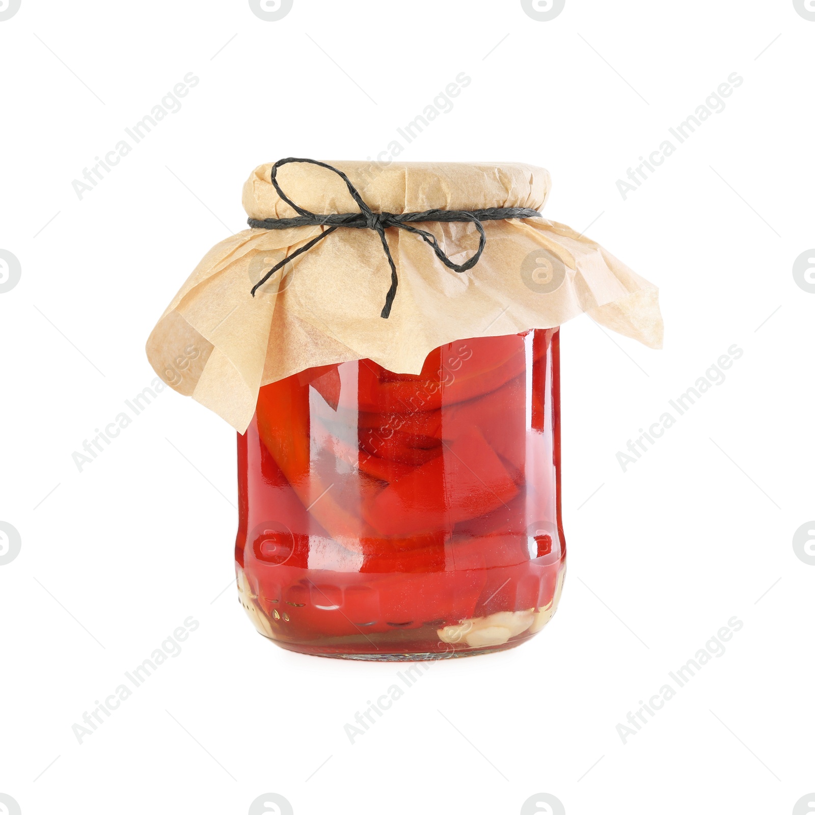 Photo of Tasty pickled bell peppers in jar isolated on white