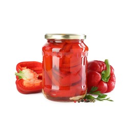 Photo of Tasty pickled bell peppers in jar and fresh ingredients isolated on white