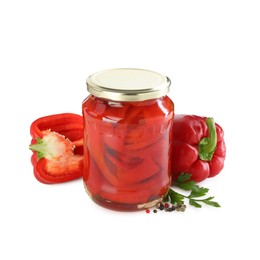 Photo of Tasty pickled bell peppers in jar and fresh ingredients isolated on white