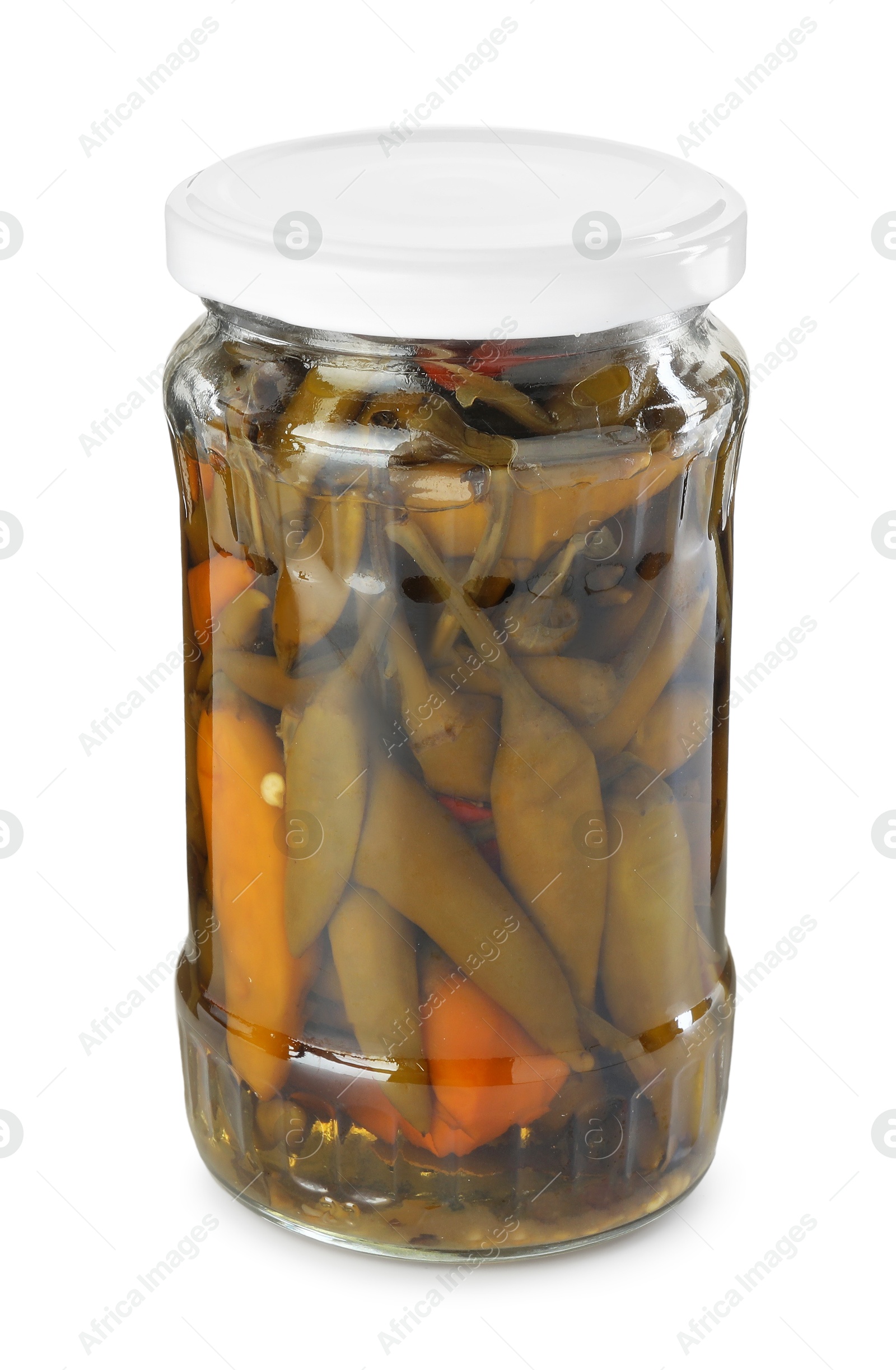 Photo of Tasty pickled jalapeno peppers in jar isolated on white