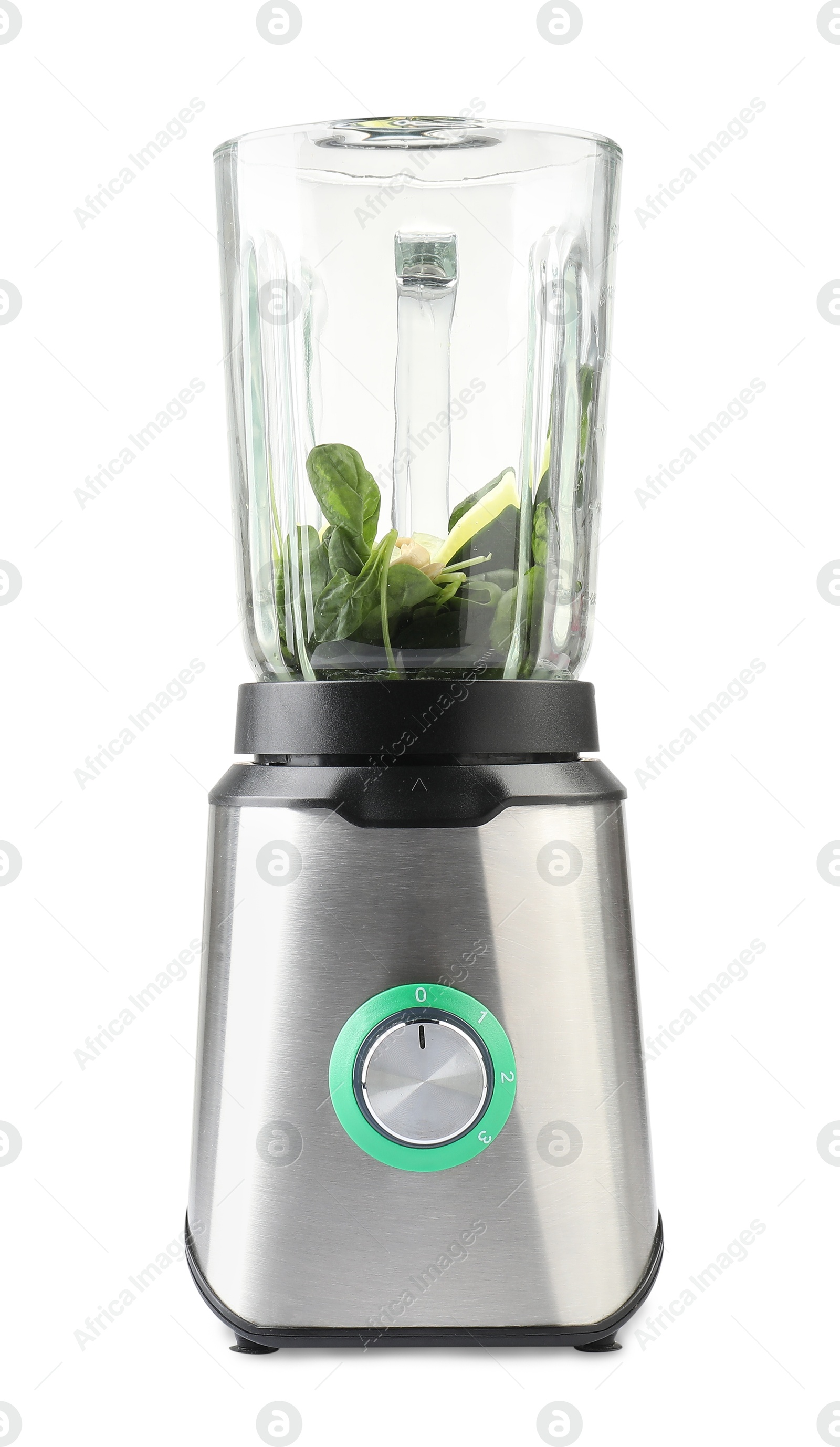 Photo of Modern blender with ingredients for smoothie isolated on white