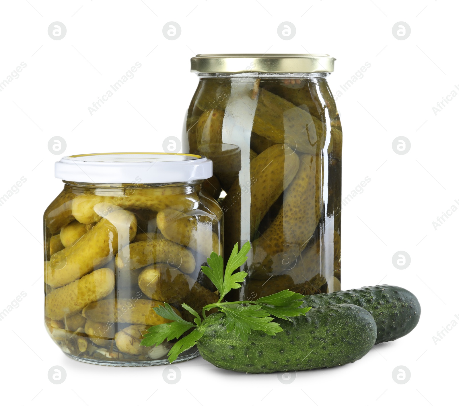 Photo of Tasty pickled cucumbers in jars, fresh vegetable and parsley isolated on white