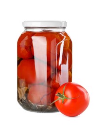 Photo of Tasty pickled tomatoes in jar and fresh vegetable isolated on white