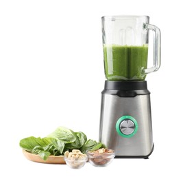 Photo of Modern blender with smoothie and ingredients isolated on white