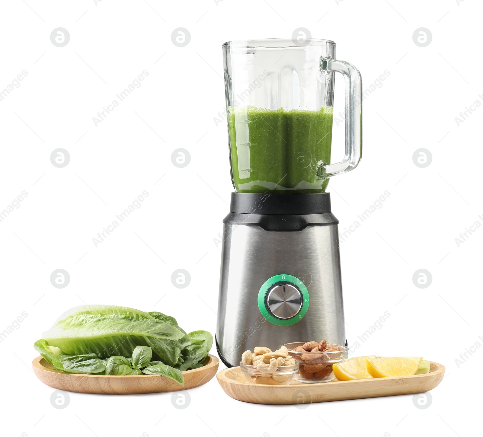 Photo of Modern blender with smoothie and ingredients isolated on white