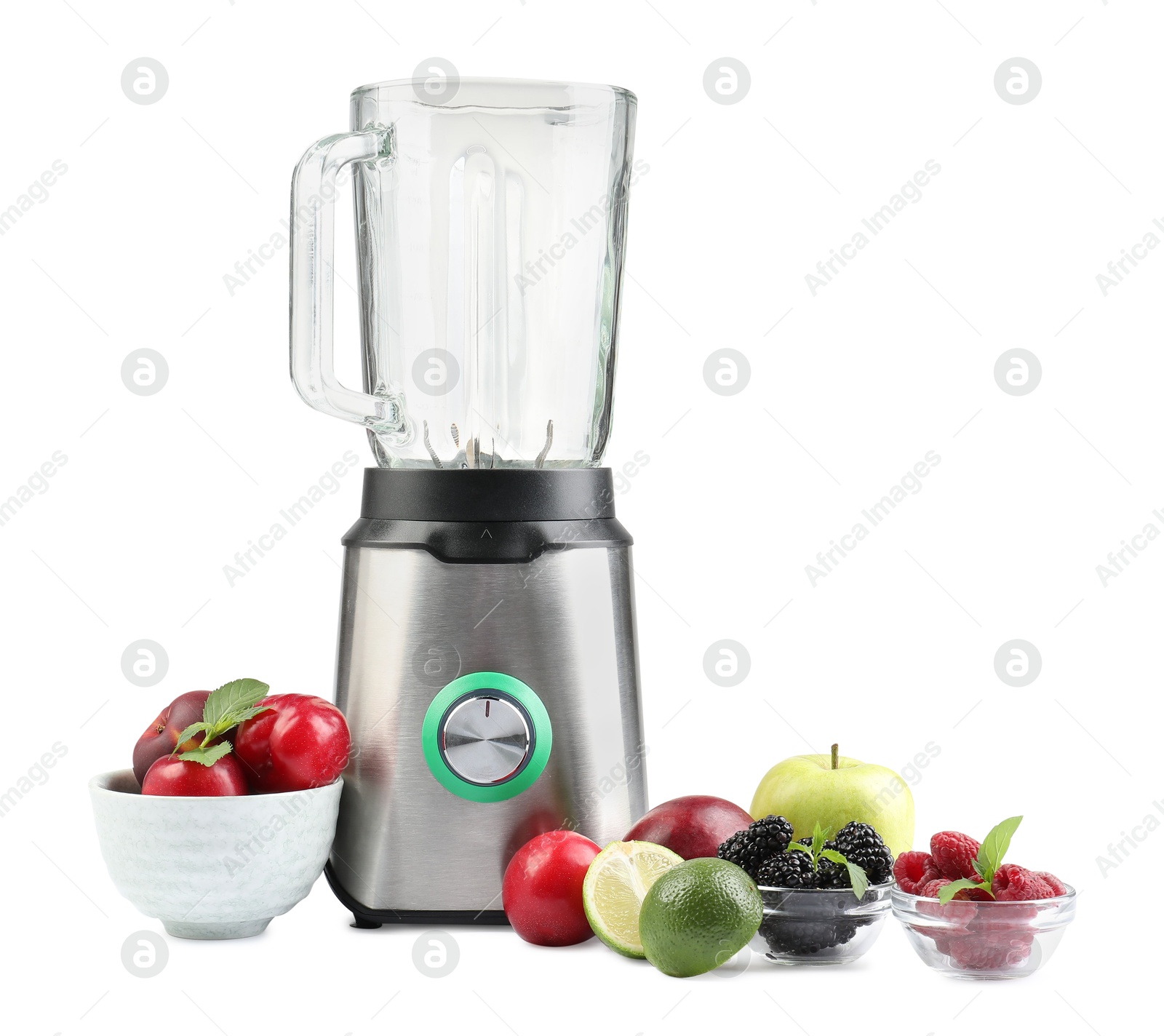 Photo of Blender and fresh ingredients isolated on white