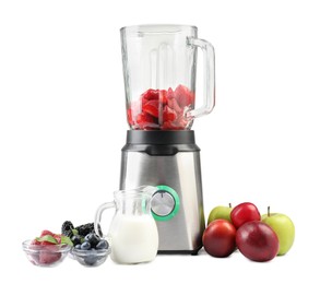 Photo of Blender and fresh ingredients isolated on white