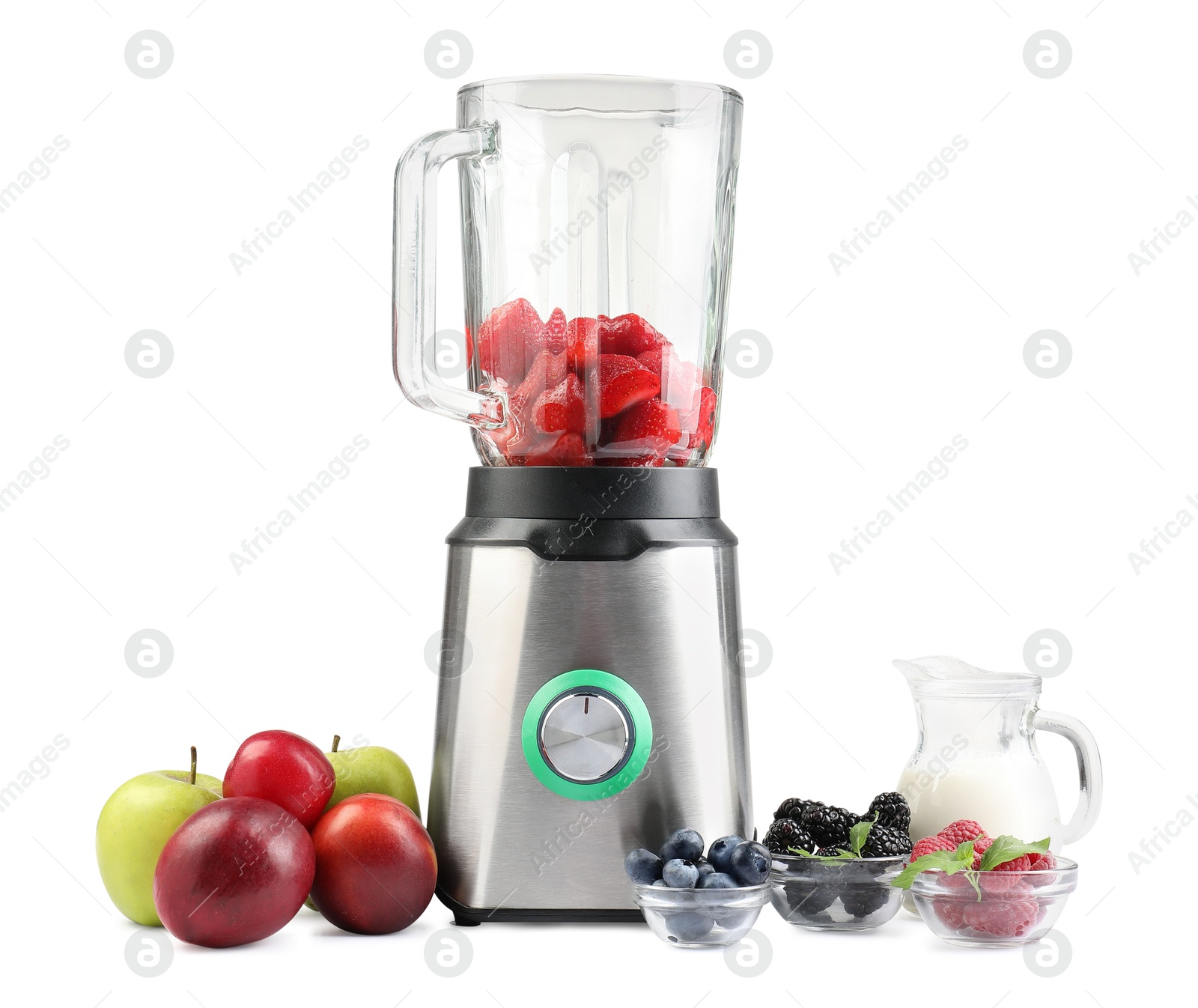 Photo of Blender and fresh ingredients isolated on white