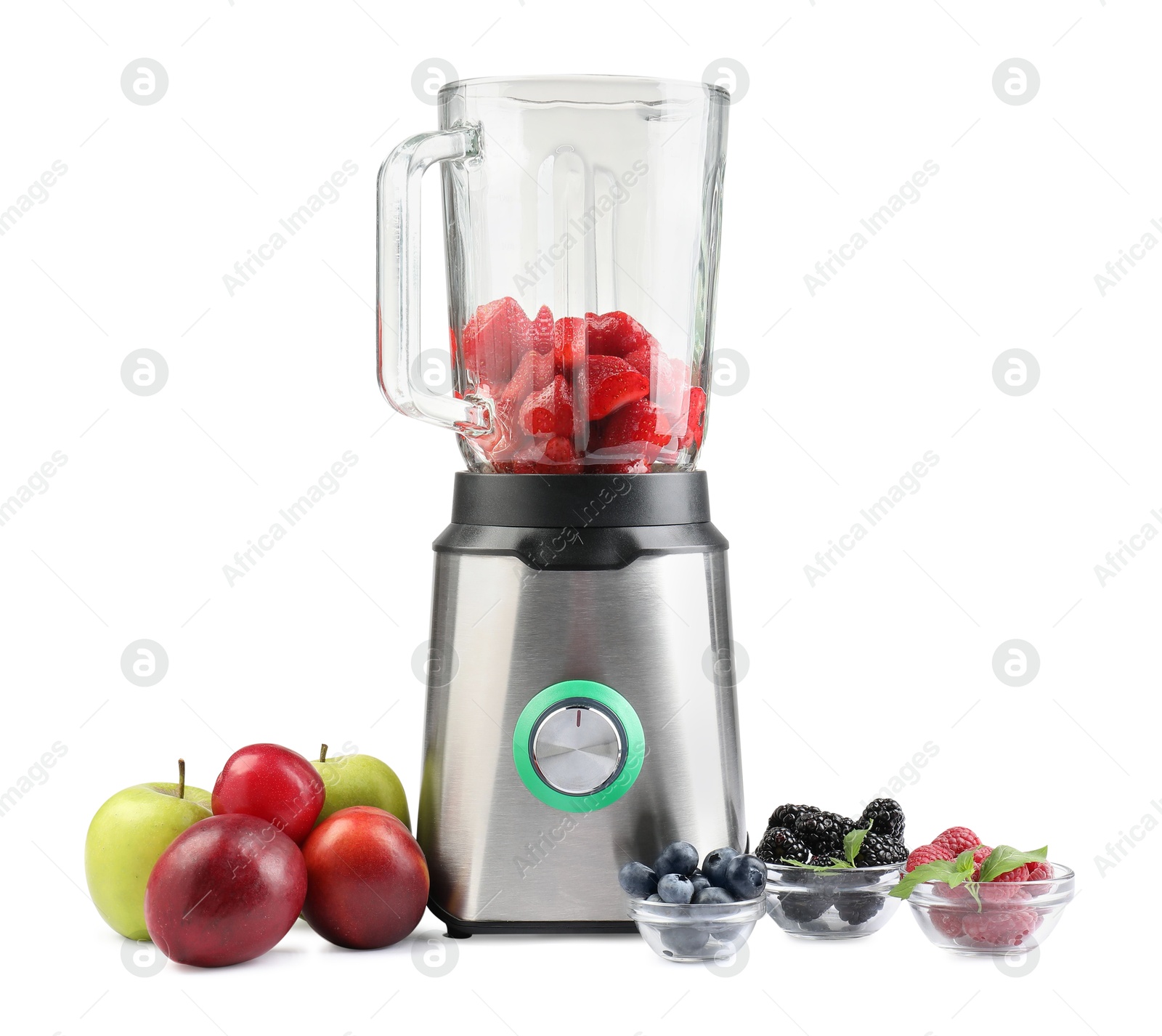 Photo of Blender and fresh ingredients isolated on white