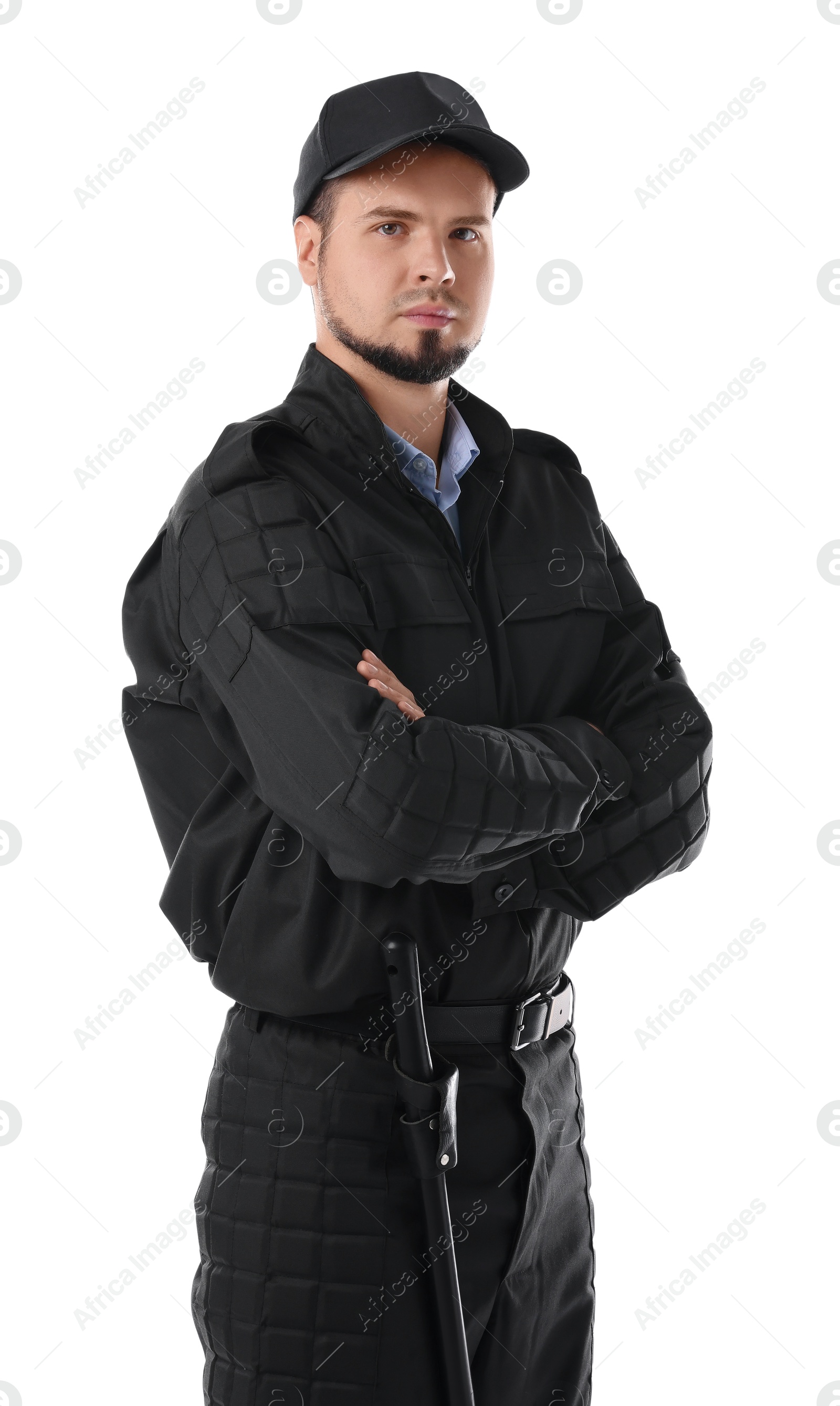 Photo of Young security guard in uniform isolated on white