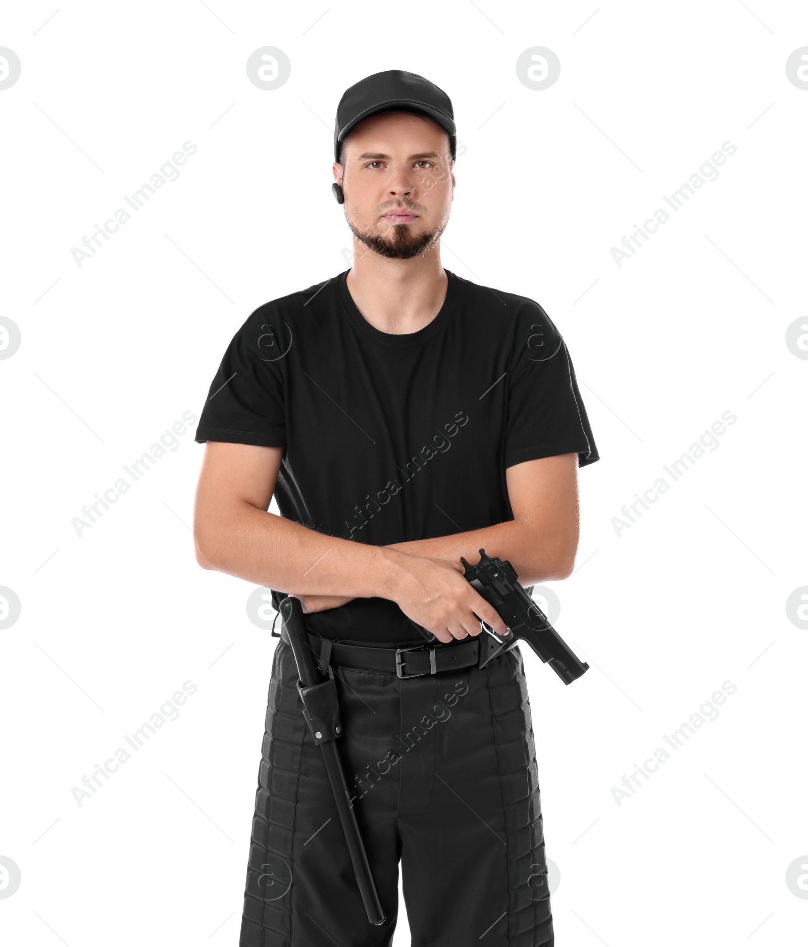 Photo of Young bodyguard with gun isolated on white